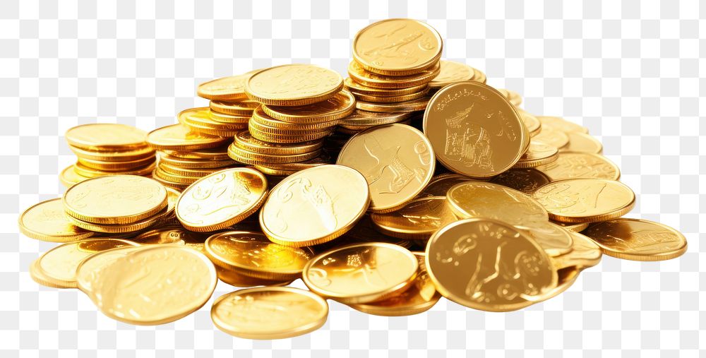 PNG  Many shiny gold coins backgrounds money white background. AI generated Image by rawpixel.