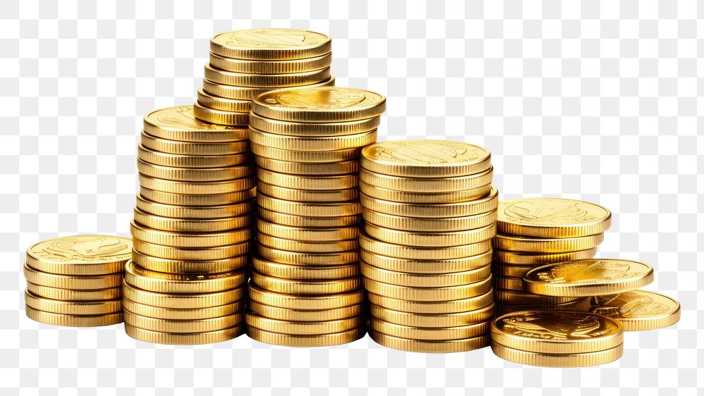 PNG  Shiny golden coins tower money white background investment. 