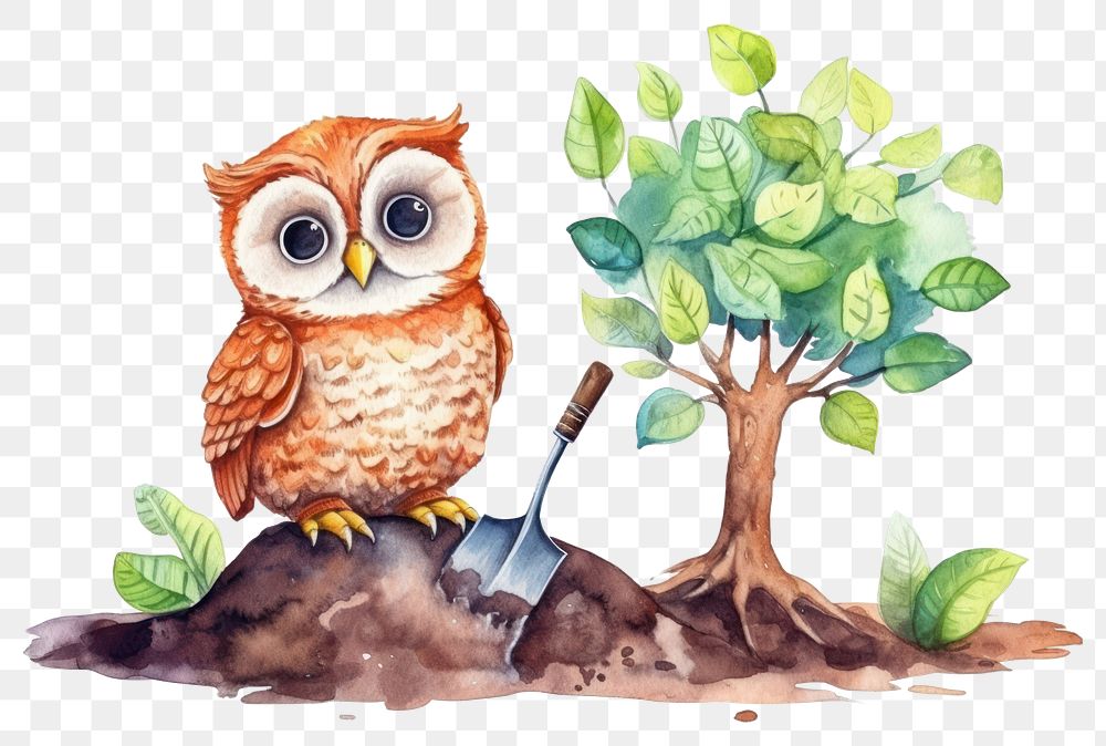 PNG Owl planting a tree drawing sketch animal. 