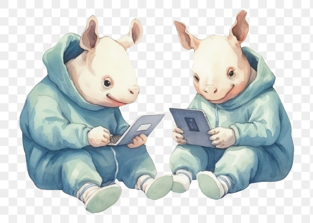 PNG Two rhinos playing a social media device computer animal cute. 