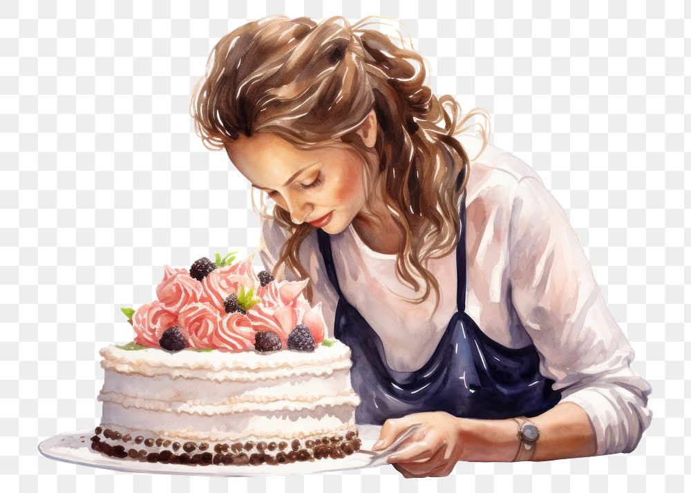 PNG Decorating a cake dessert adult woman. AI generated Image by rawpixel.