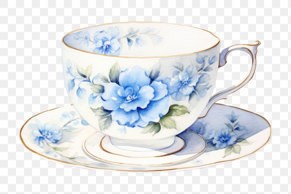 PNG  Watercolor teacup porcelain saucer mug. AI generated Image by rawpixel.