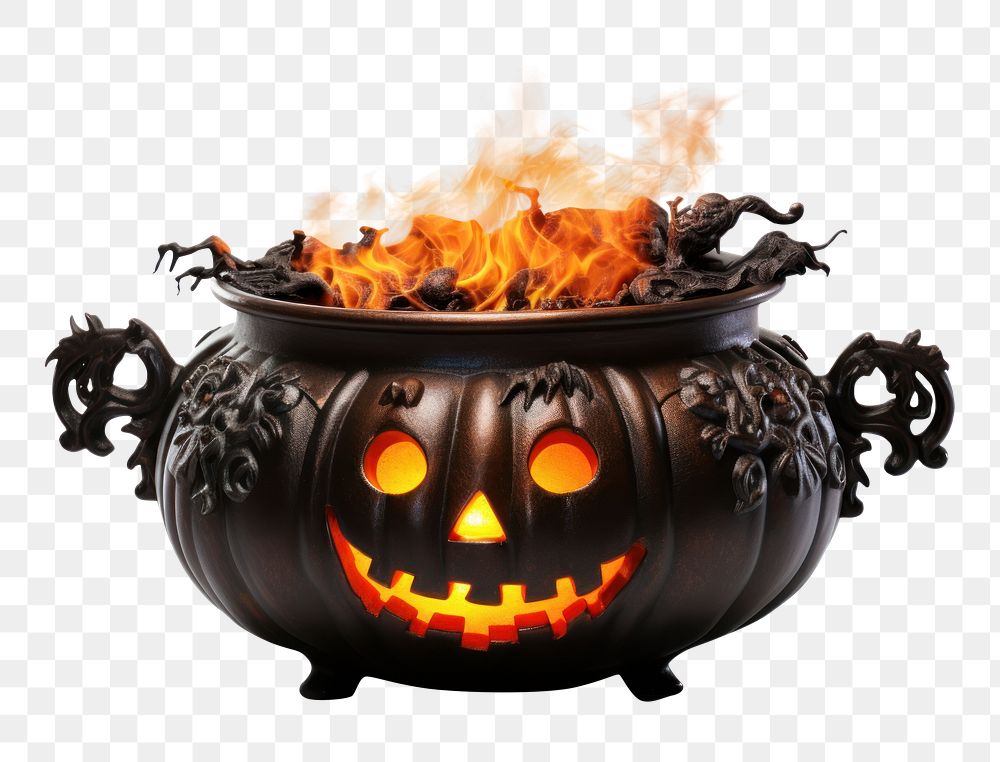 PNG Halloween cauldron fire anthropomorphic jack-o'-lantern. AI generated Image by rawpixel.