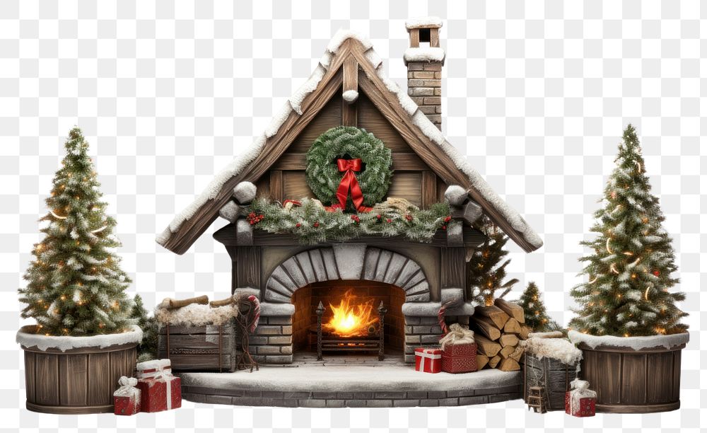 PNG Christmas fireplace hearth plant house. 