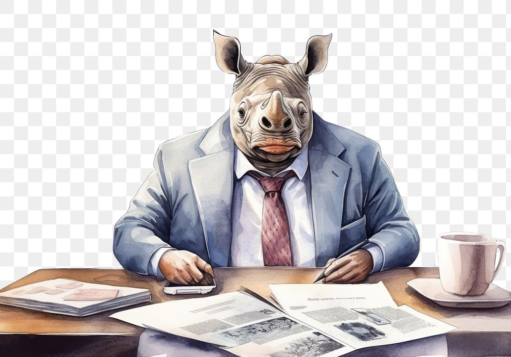 PNG Rhino businessperson cartoon animal table. AI generated Image by rawpixel.