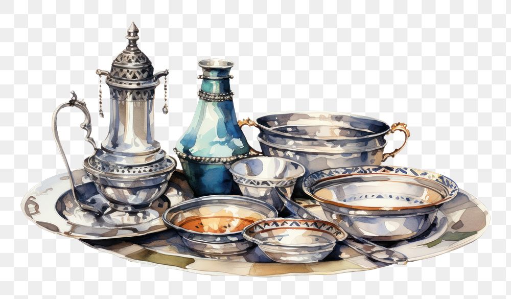PNG  Arabian style silverware dishes saucer cup mug. AI generated Image by rawpixel.