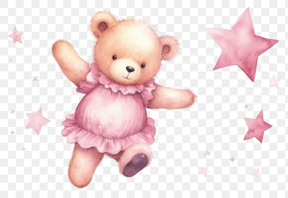 PNG Pink teddy bear jumping toy white background representation. 