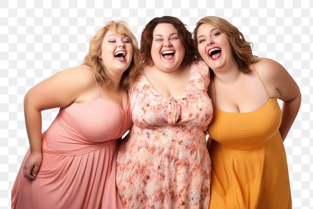 PNG Three cheerful chubby women laughing dress adult. AI generated Image by rawpixel.