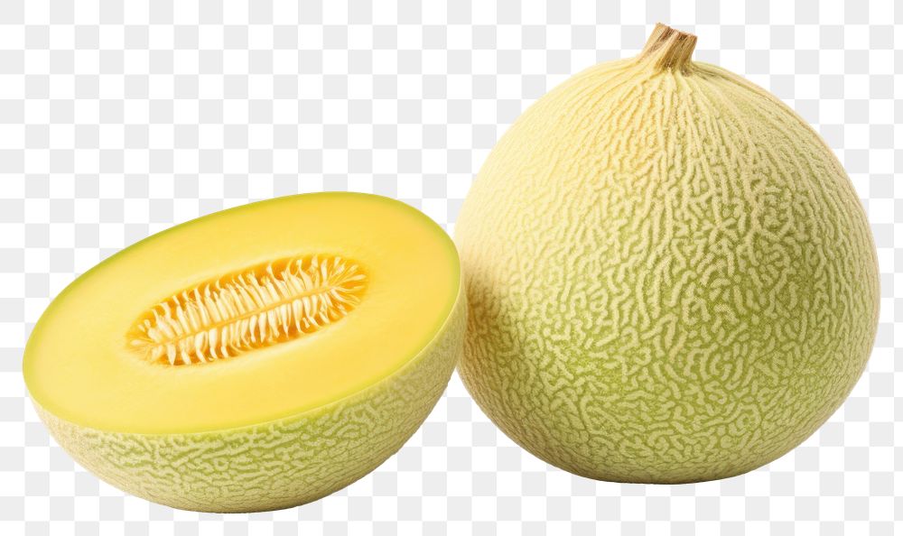 PNG  Whole and half melon on display. Fresh melon with textured skin. Melon sliced to show juicy interior. Perfect melon for…