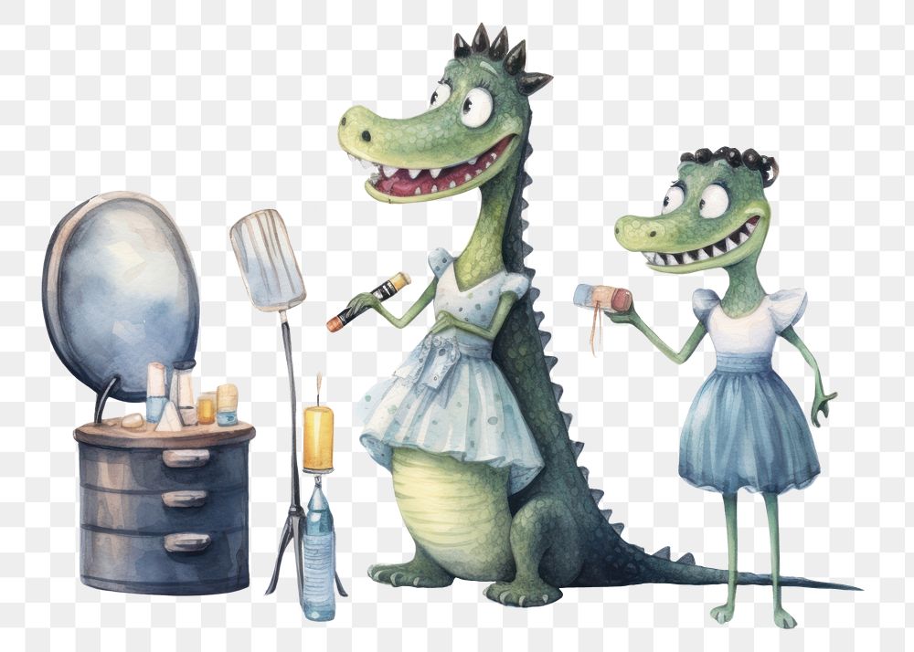 PNG Crocodile character holding Makeup tool animal child representation. AI generated Image by rawpixel.