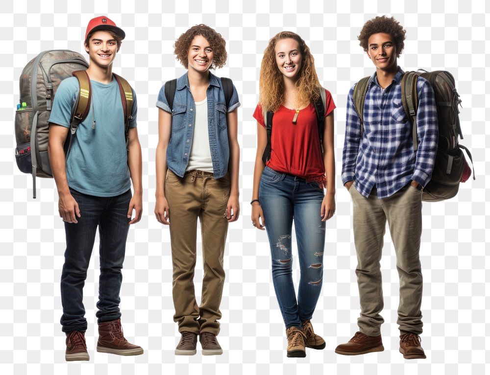 PNG 4 teen friends backpacking footwear adult white background. AI generated Image by rawpixel.