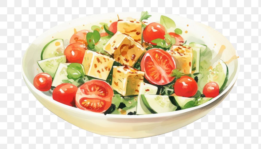 PNG Tofu salad watercolor plate food meal. 