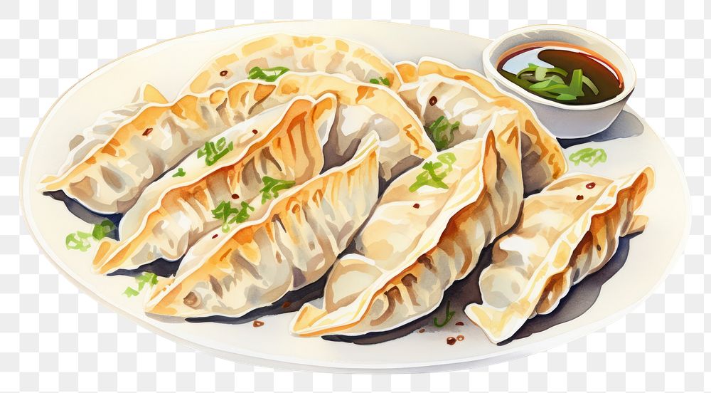 PNG Watercolor gyoza dumpling plate food. AI generated Image by rawpixel.