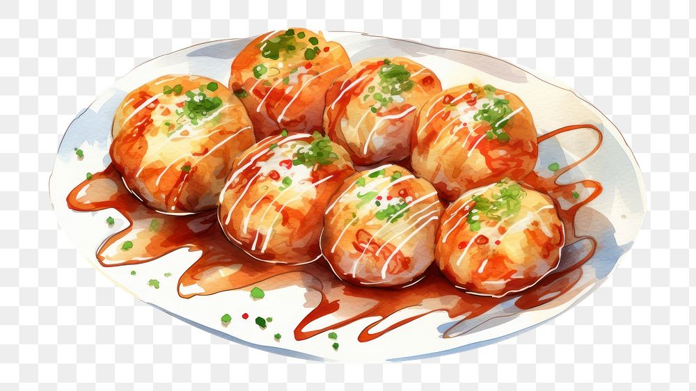PNG Watercolor takoyaki plate food meal. AI generated Image by rawpixel.