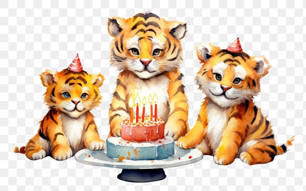 PNG Tiger family celebrating birthday dessert cartoon mammal. 