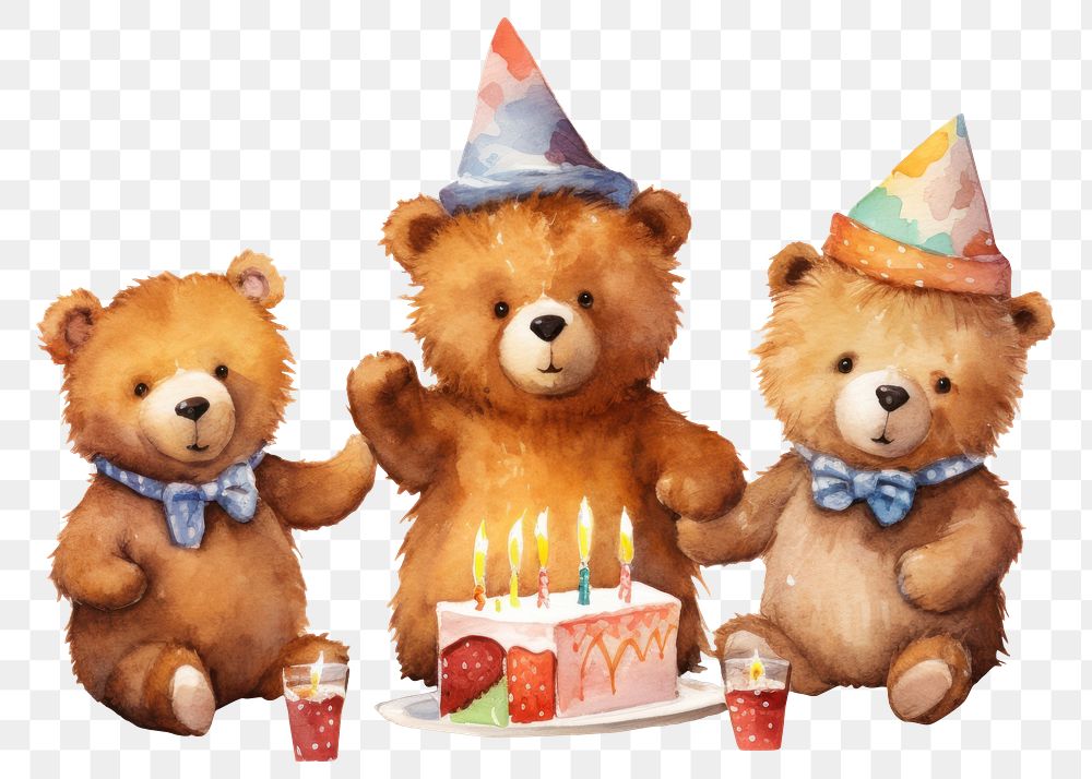 PNG Bear family celebrating birthday dessert balloon cartoon. AI generated Image by rawpixel.