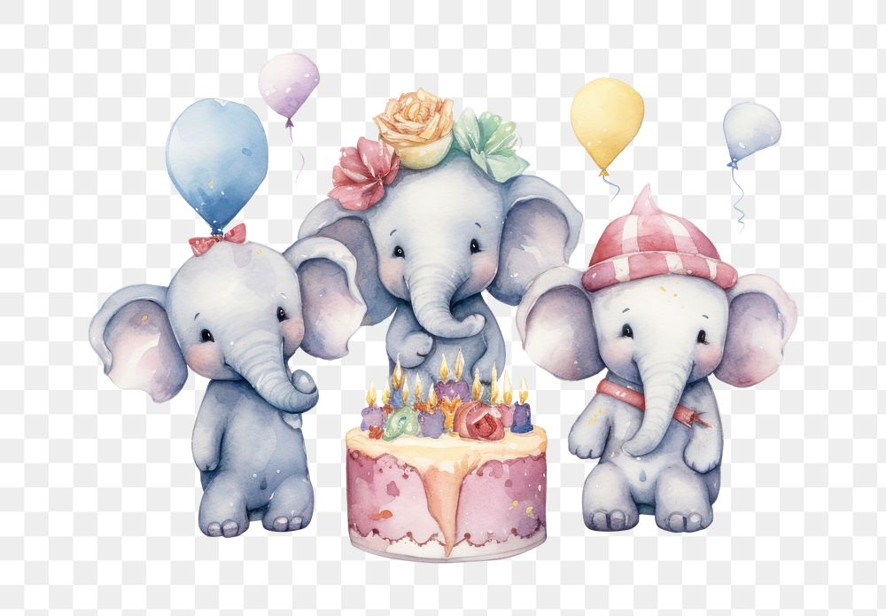 PNG Elephant family celebrating birthday dessert cartoon party. 