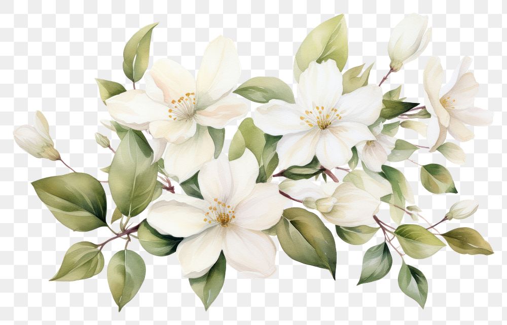 PNG Jasmine watercolor blossom flower plant AI generated Image by rawpixel
