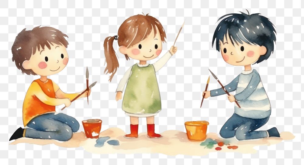 PNG  Kids painting cartoon white background togetherness. AI generated Image by rawpixel.