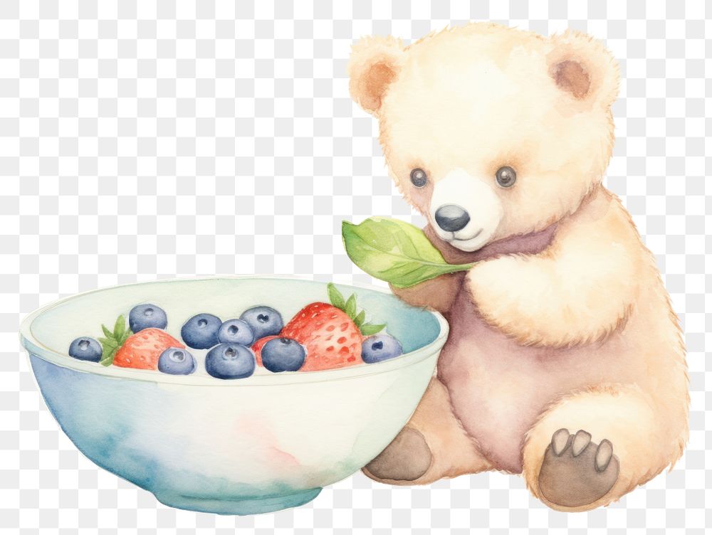 PNG Baby cartoonish bear bowl blueberry mammal. AI generated Image by rawpixel.