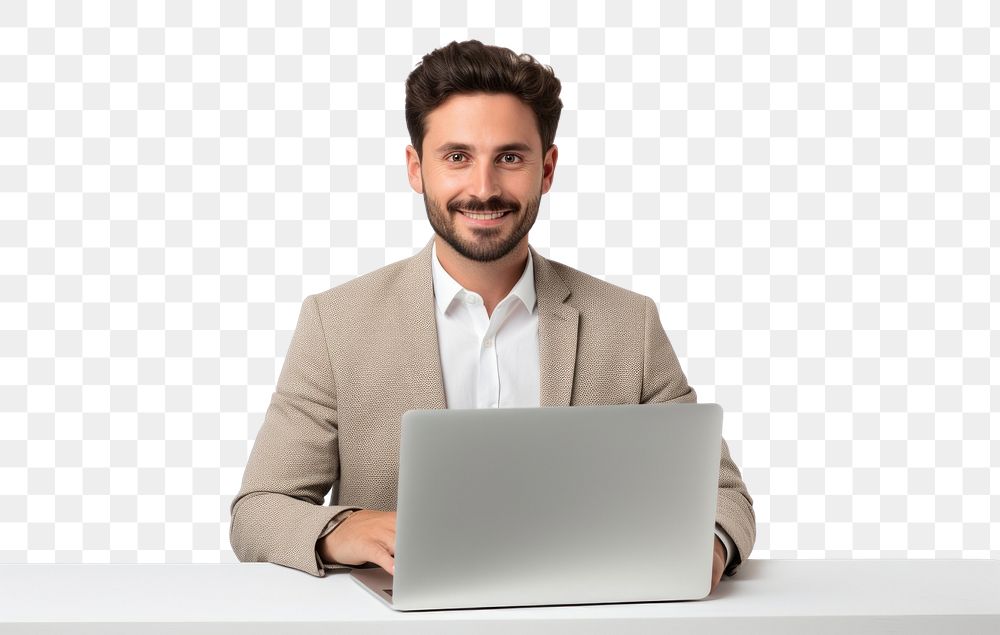 PNG A smiling office worker working behind a laptop computer portrait sitting. 