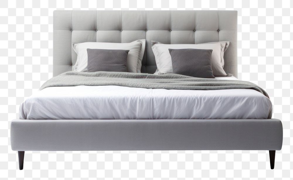 PNG  A grey modern king size bed furniture cushion bedroom. AI generated Image by rawpixel.
