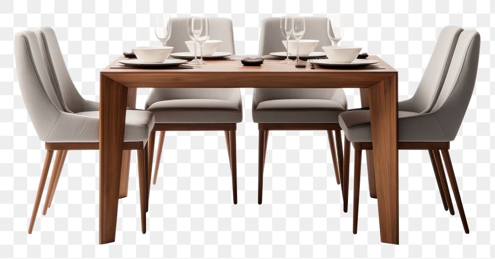 PNG  A modern dinning furniture set chair table plate. AI generated Image by rawpixel.