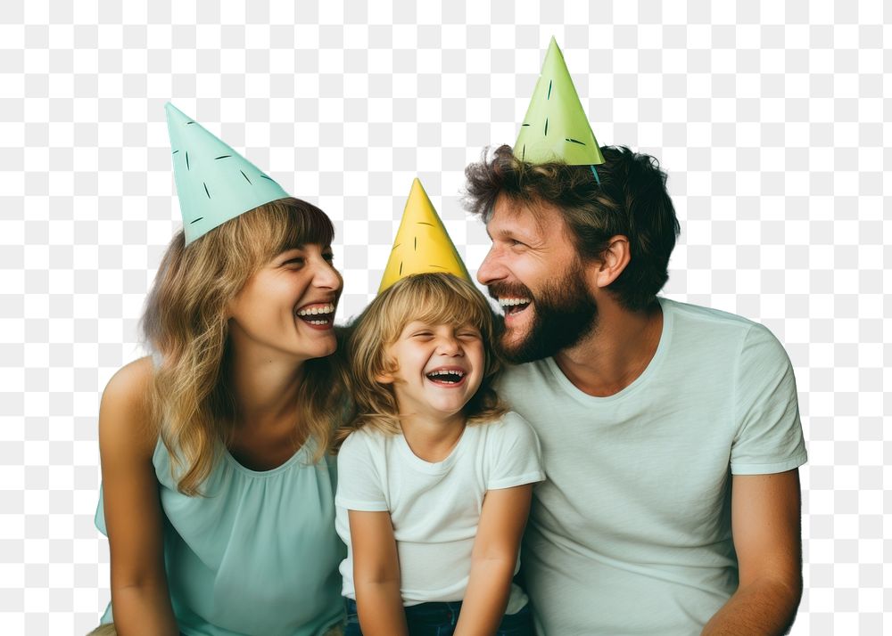 PNG A family wearing party hat laughing portrait adult. AI generated Image by rawpixel.