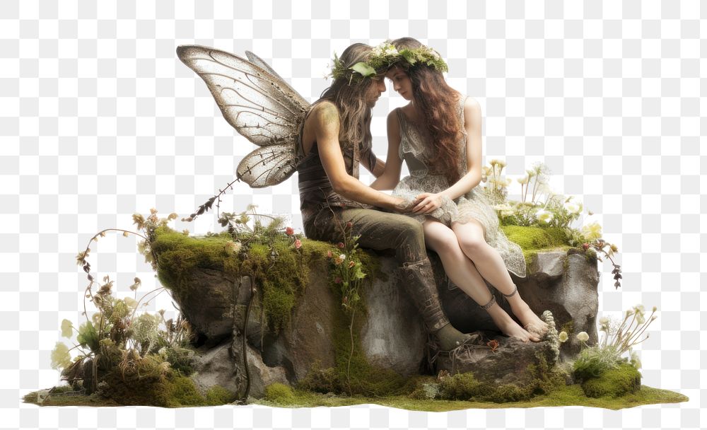 PNG Elf couples sculpture sitting flower. AI generated Image by rawpixel.