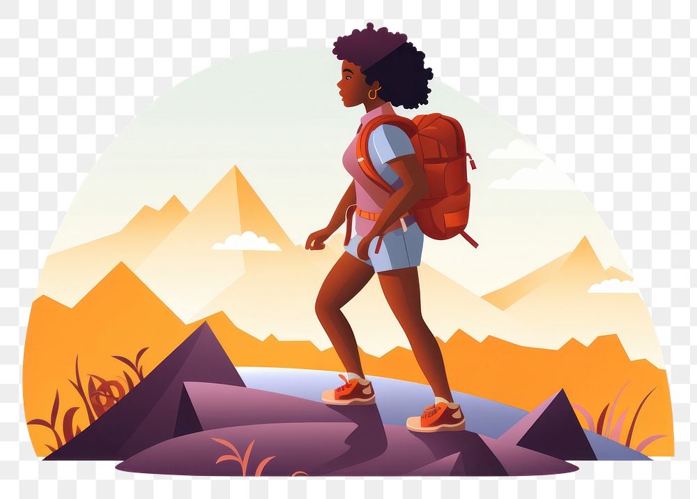 PNG African american woman hiking backpack footwear walking. AI generated Image by rawpixel.