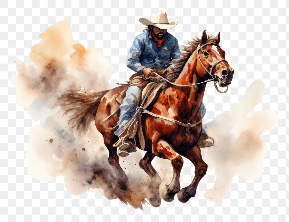 PNG Watercolor cowboy rodeo drawing mammal animal. AI generated Image by rawpixel.