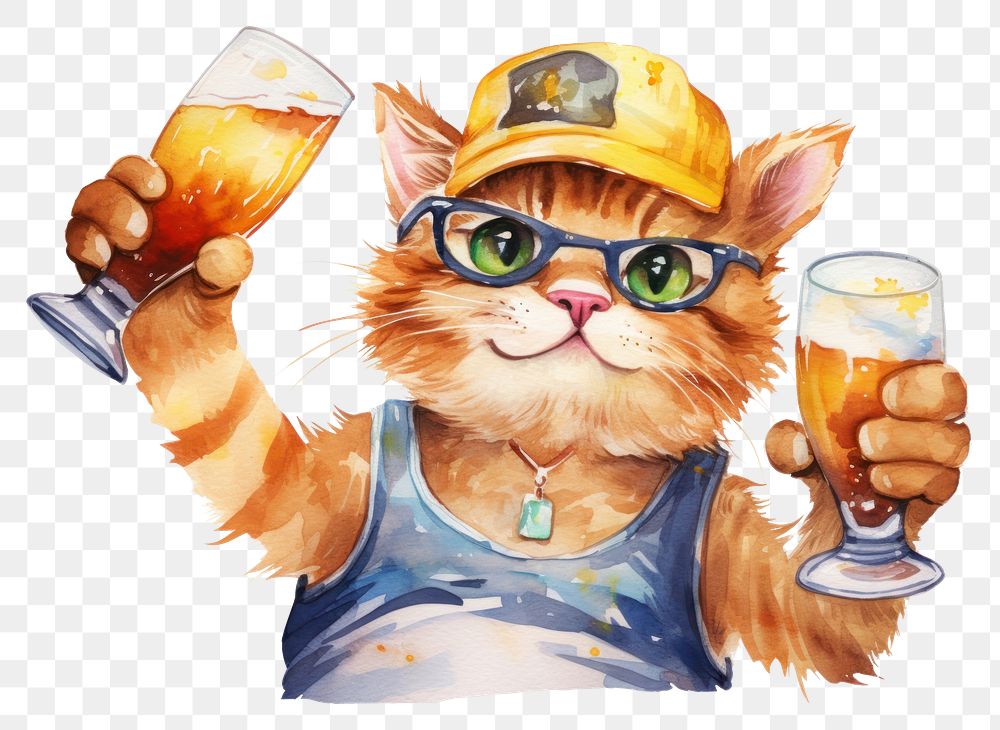 PNG Cat drinking a beer white background carnivora headwear. 