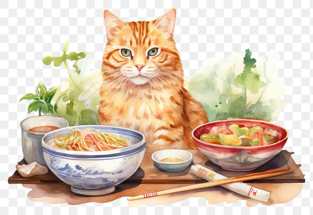 PNG Cat selling a udon mammal animal dish. 