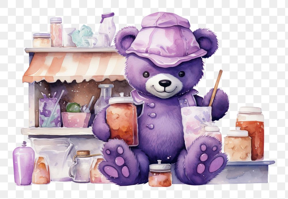 PNG Purple bear selling milkshake toy representation creativity. 