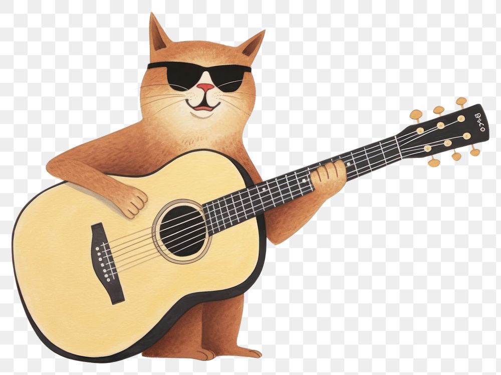 PNG Cat wearing sunglasses guitar white background performance. 