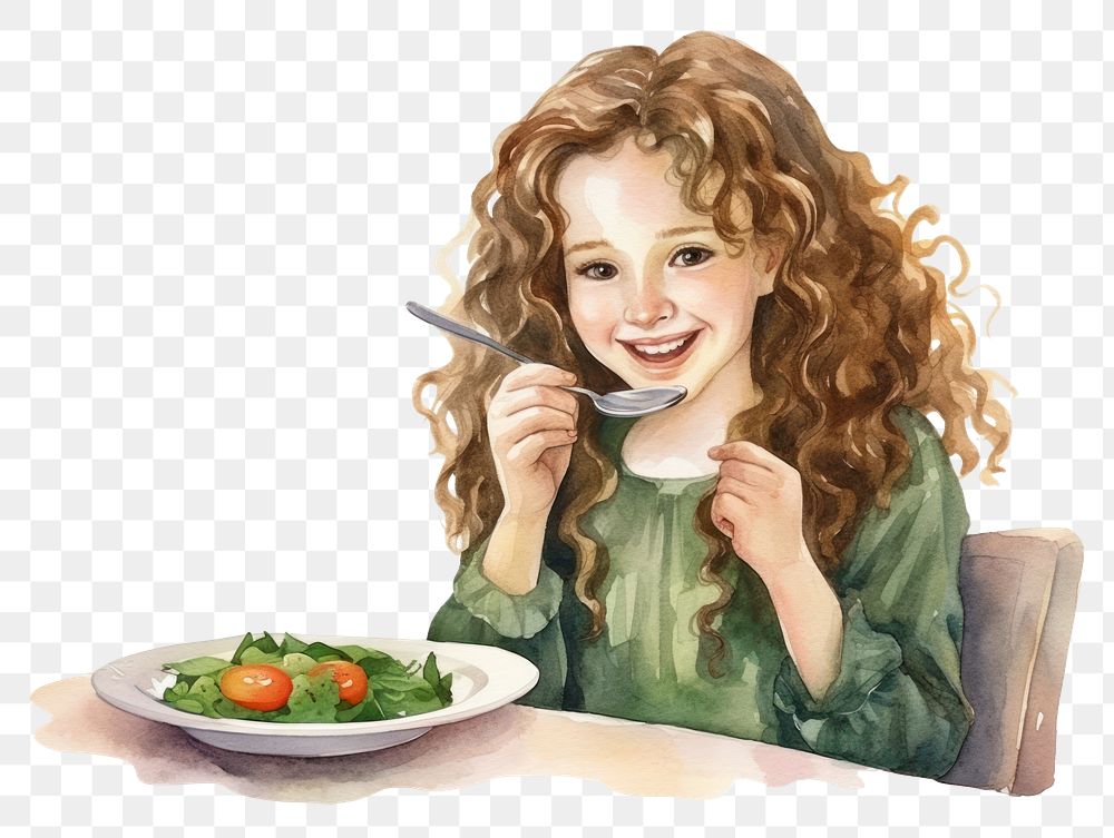 PNG Girl eating salad plate fork food. 