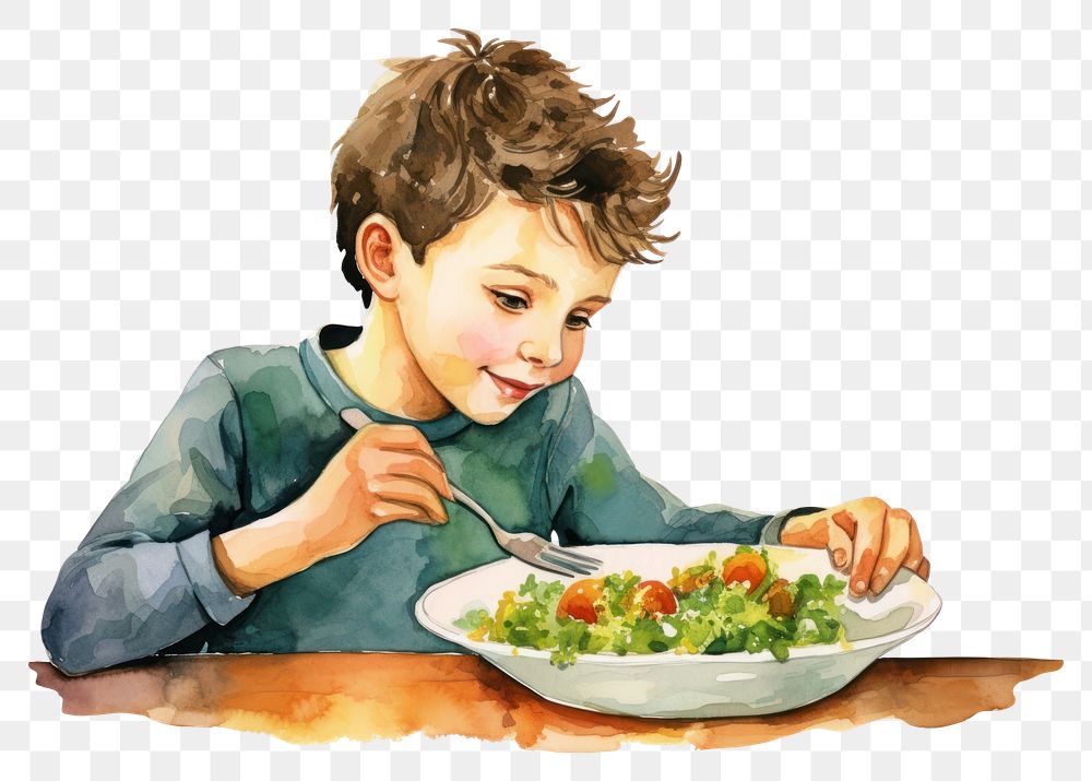 PNG Kid eating salad plate food vegetable. AI generated Image by rawpixel.