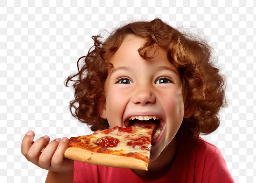 PNG Girl eating pizza biting food baby. 