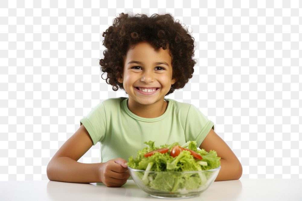 PNG Kid eating salad child food bowl. 