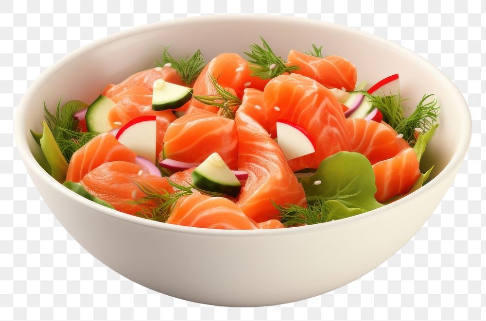 PNG Salmon salad bowl plate food. AI generated Image by rawpixel.