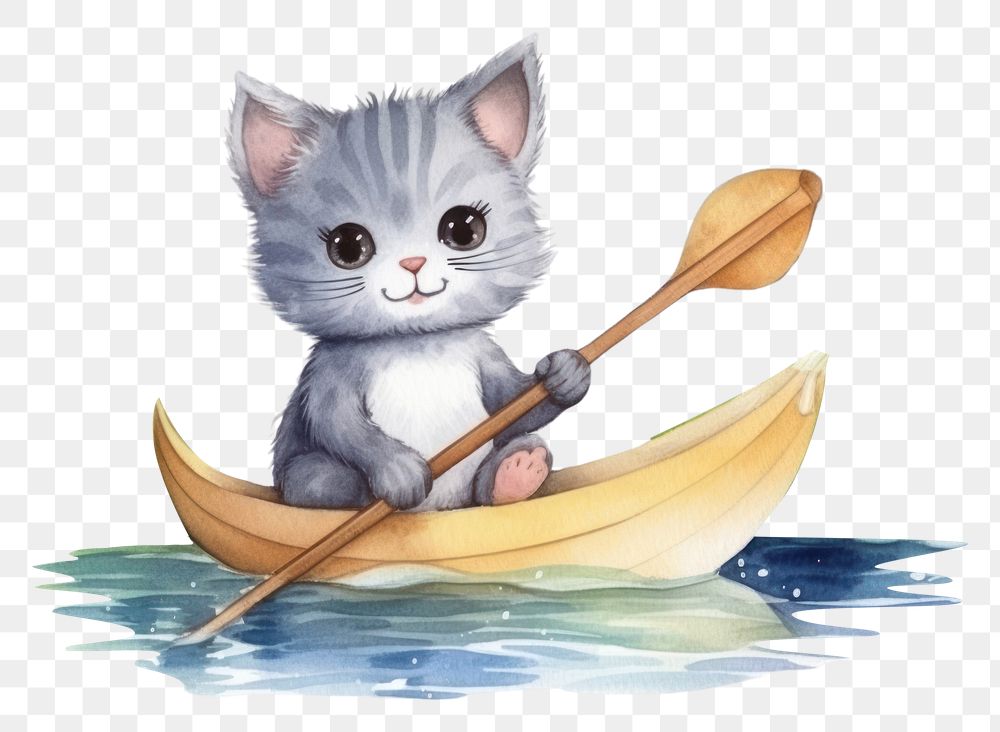 PNG Cat Rowing a canoeing animal drawing cartoon. 