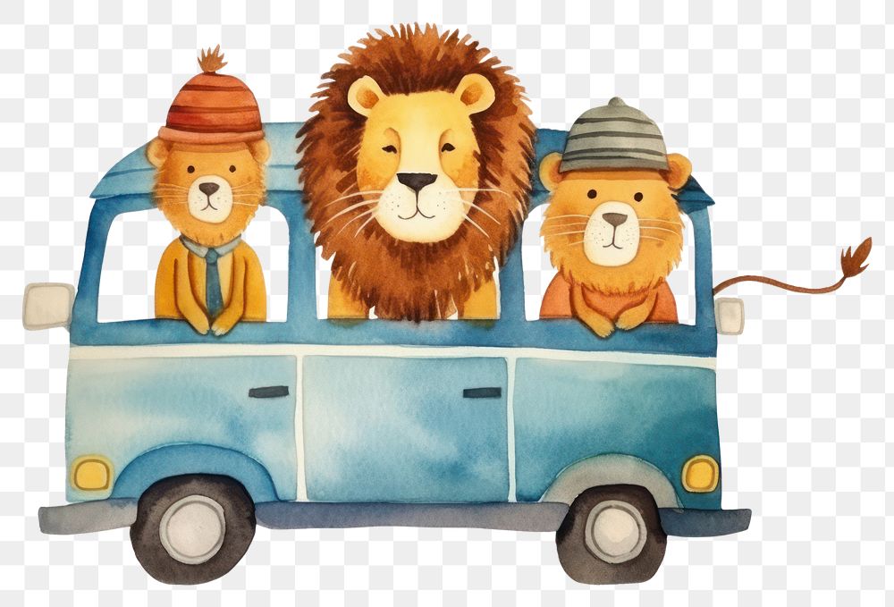 PNG Cute lion family traveling animal vehicle cartoon. AI generated Image by rawpixel.