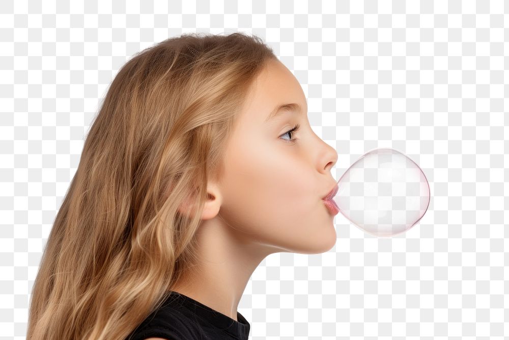 PNG blond girl blowing bubble gum. AI generated image by rawpixel.