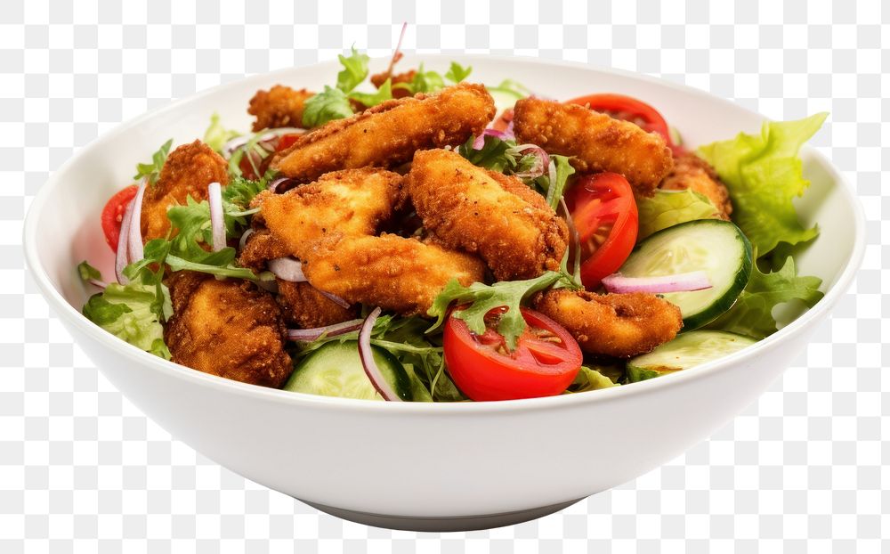 PNG Fried chicken salad food bowl white background. AI generated Image by rawpixel.