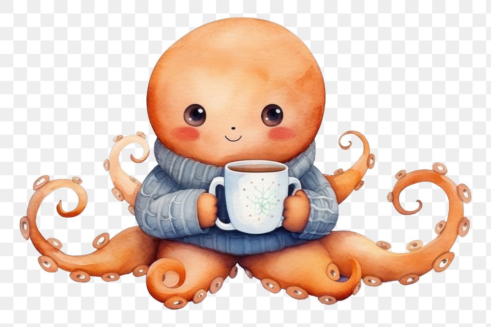 PNG Octopus holding coffee animal cup mug. 