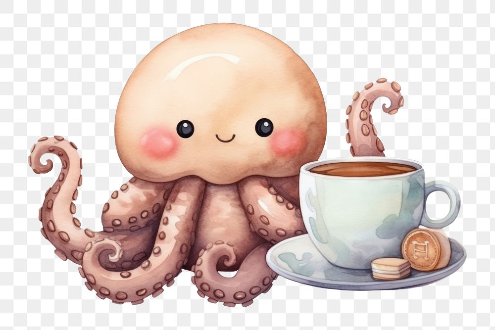 PNG Octopus holding coffee animal mug cup. 