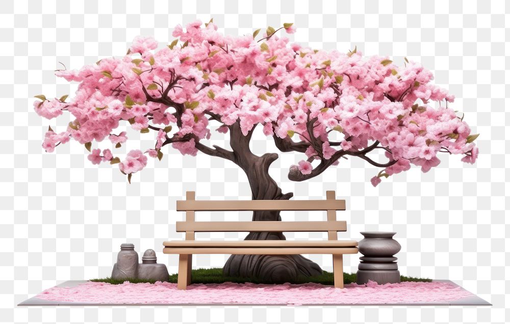 PNG Cherry blossom tree bench furniture outdoors. AI generated Image by rawpixel.