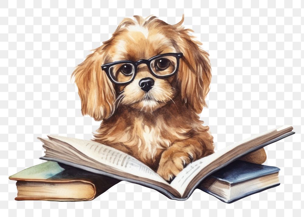 PNG Dog reading books publication glasses drawing. AI generated Image by rawpixel.