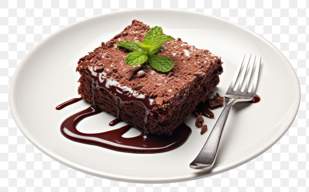 PNG Choccolate brownie cake plate fork chocolate. AI generated Image by rawpixel.
