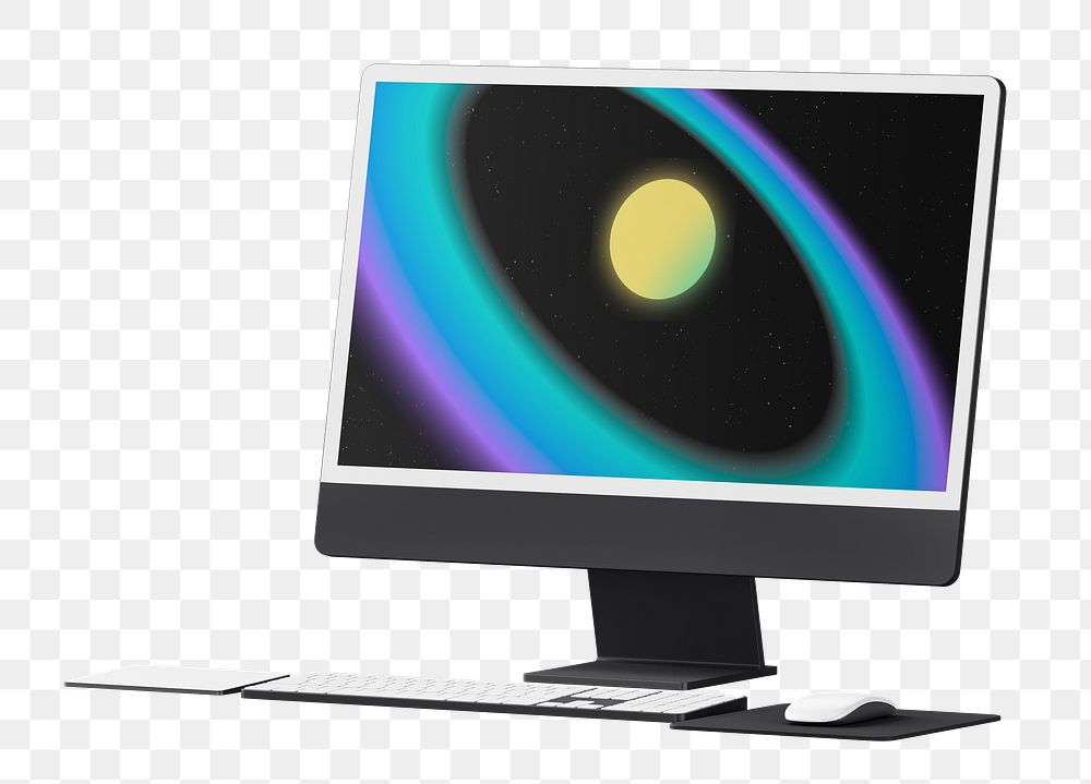 Computer screen with Saturn planet as wallpaper